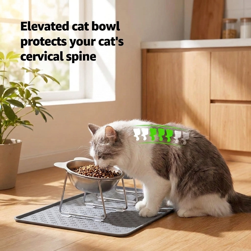A gray elevated cat bowl with a metal stand is shown in a real indoor room with a cat eating from it. The cat has a green and white spinal support brace applied to its back, and text in the upper left reads, 'Elevated cat bowl protects your cat's cervical spine.