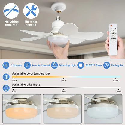 Socket Fan Light with Remote, 20.5in Small Ceiling Fan with LED, E26/27 Cordless Light Screw Fan for Kitchen Bedroom, Small Room