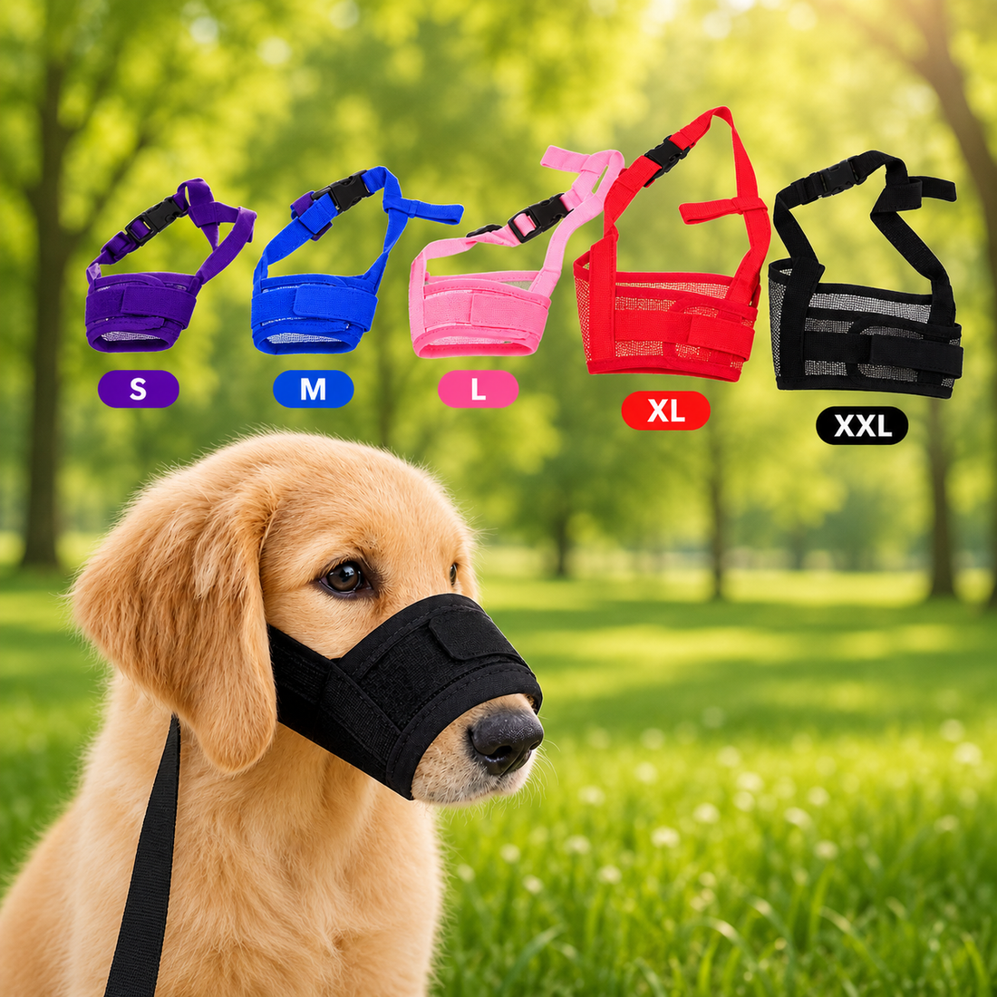 A golden retriever dog wearing a black muzzle is shown in a grassy park, with five pet harnesses in purple, blue, pink, red, and black displayed above. The harnesses are labeled with sizes S, M, L, XL, and XXL.