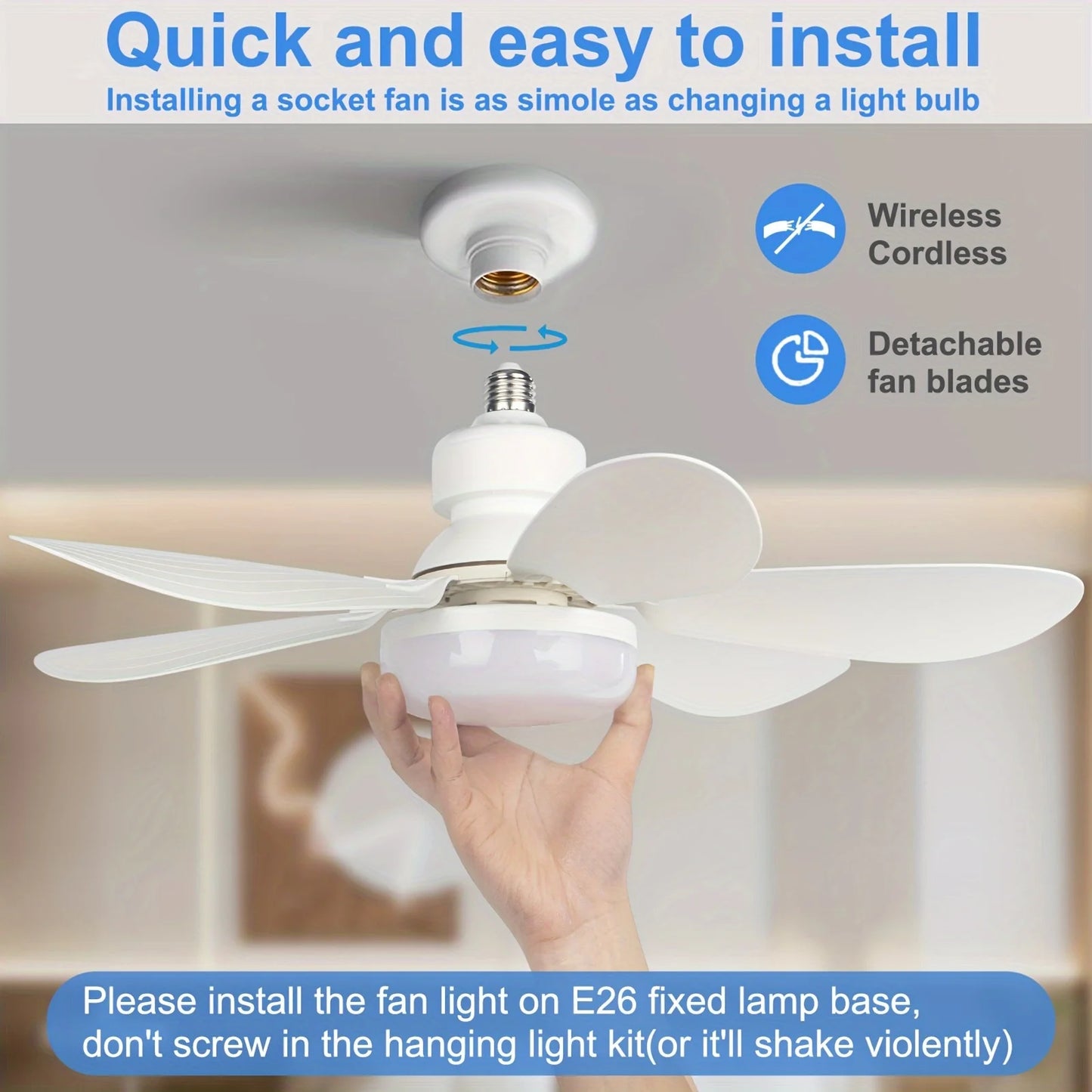 Socket Fan Light with Remote, 20.5in Small Ceiling Fan with LED, E26/27 Cordless Light Screw Fan for Kitchen Bedroom, Small Room