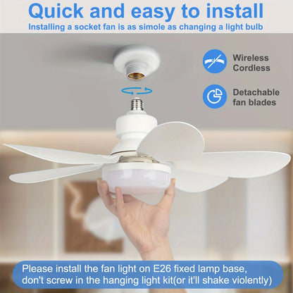Socket Fan Light with Remote, 20.5in Small Ceiling Fan with LED, E26/27 Cordless Light Screw Fan for Kitchen Bedroom, Small Room