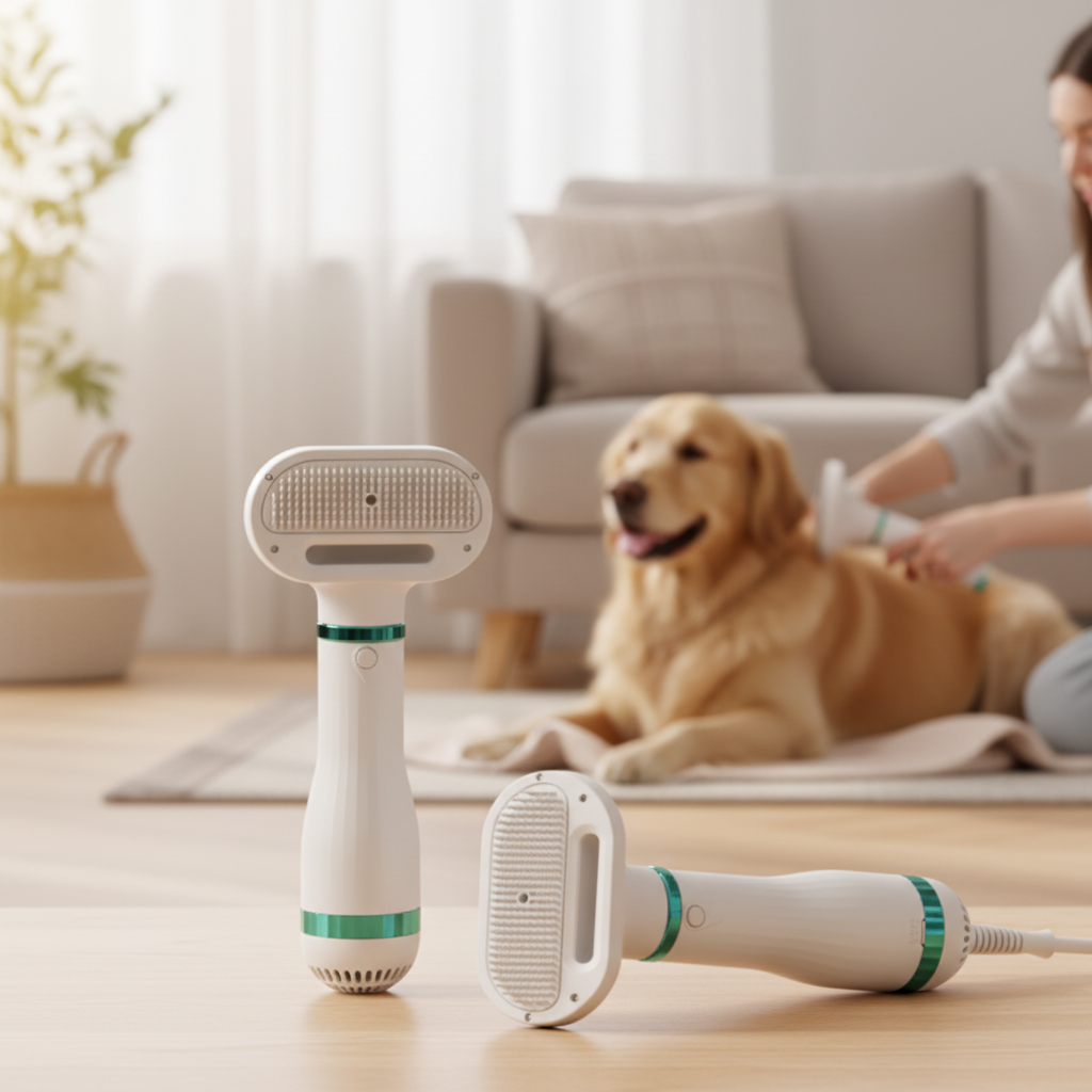 Two white handheld pet blow dryer with different attachments on a white background