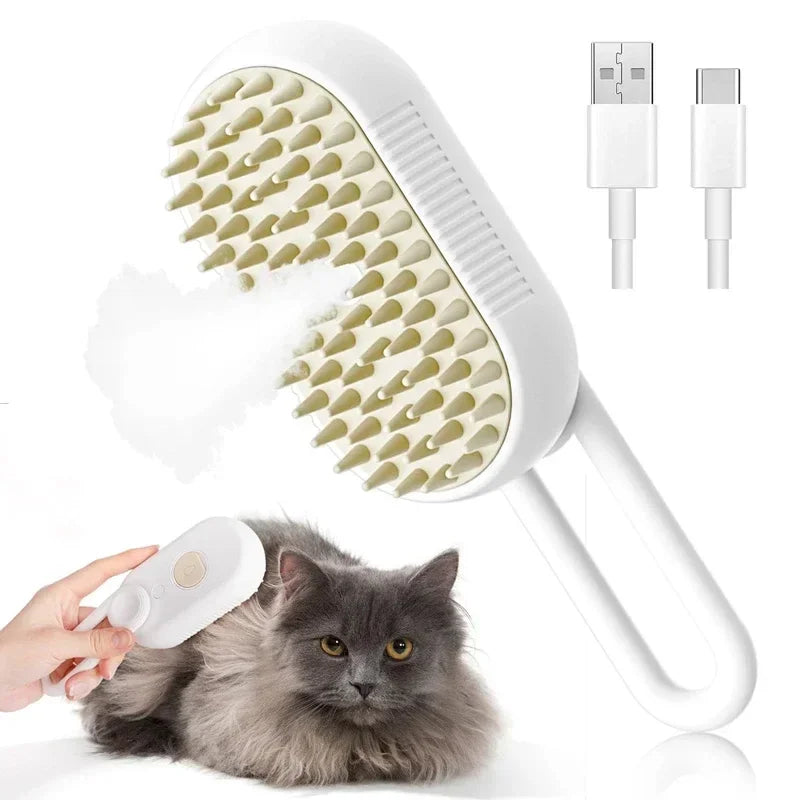 Pet grooming brush with USB cable and a cat being groomed on a white background