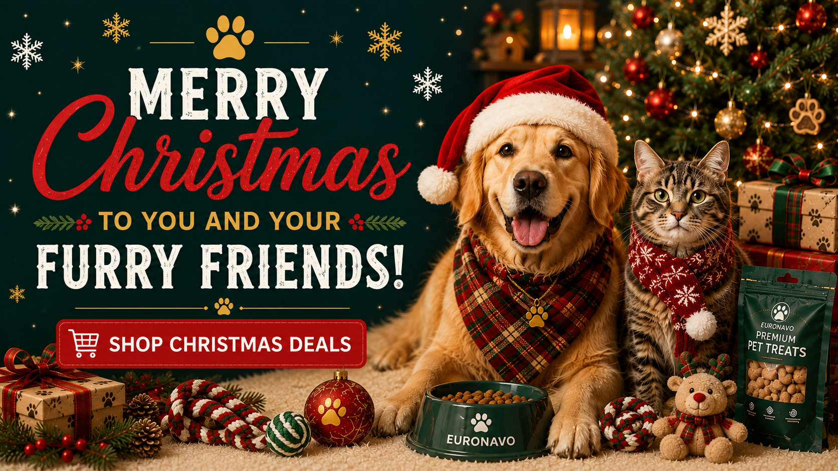 A golden retriever and a tabby cat wearing red Santa hats and plaid scarves sit together on a decorated Christmas tree base with gifts, ornaments, and a bag of Euronavo premium pet treats. Large holiday text reads 'Merry Christmas to you and your furry friends!' with a 'Shop Christmas Deals' button.slider_item_kXXXpg