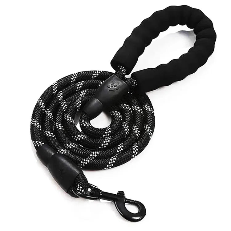 Black dog leash with a paw print design on a white background
