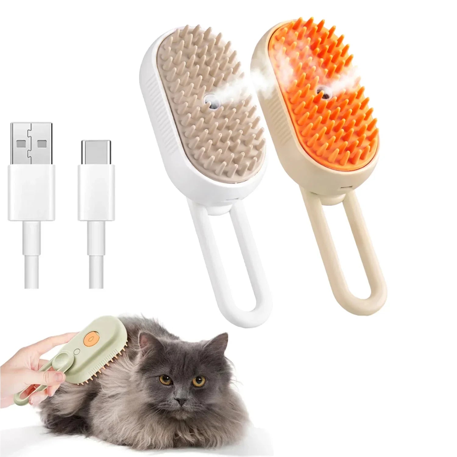 Pet grooming brush with USB cable, shown with a cat being groomed on a white background.