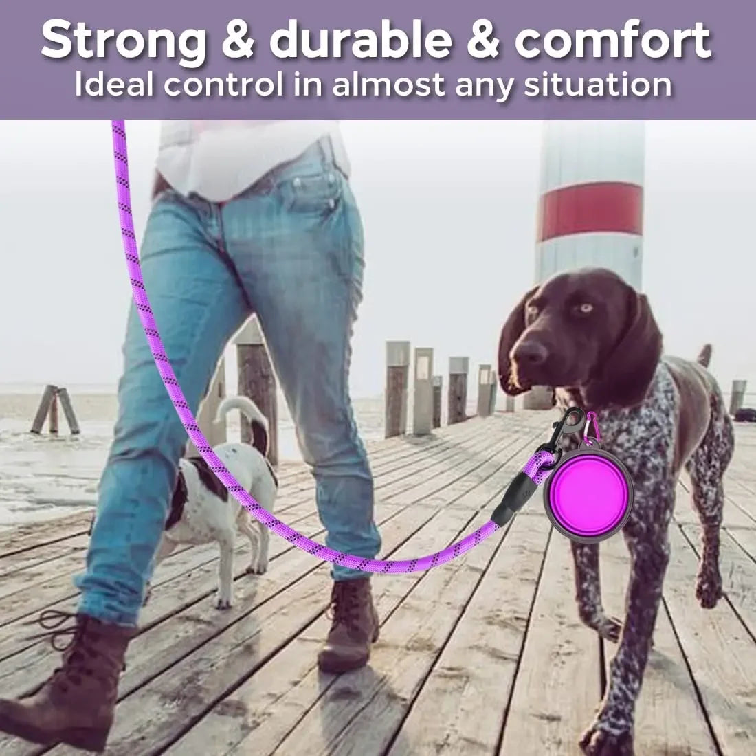 Person walking two dogs on a leash with text about strength, durability, and comfort.