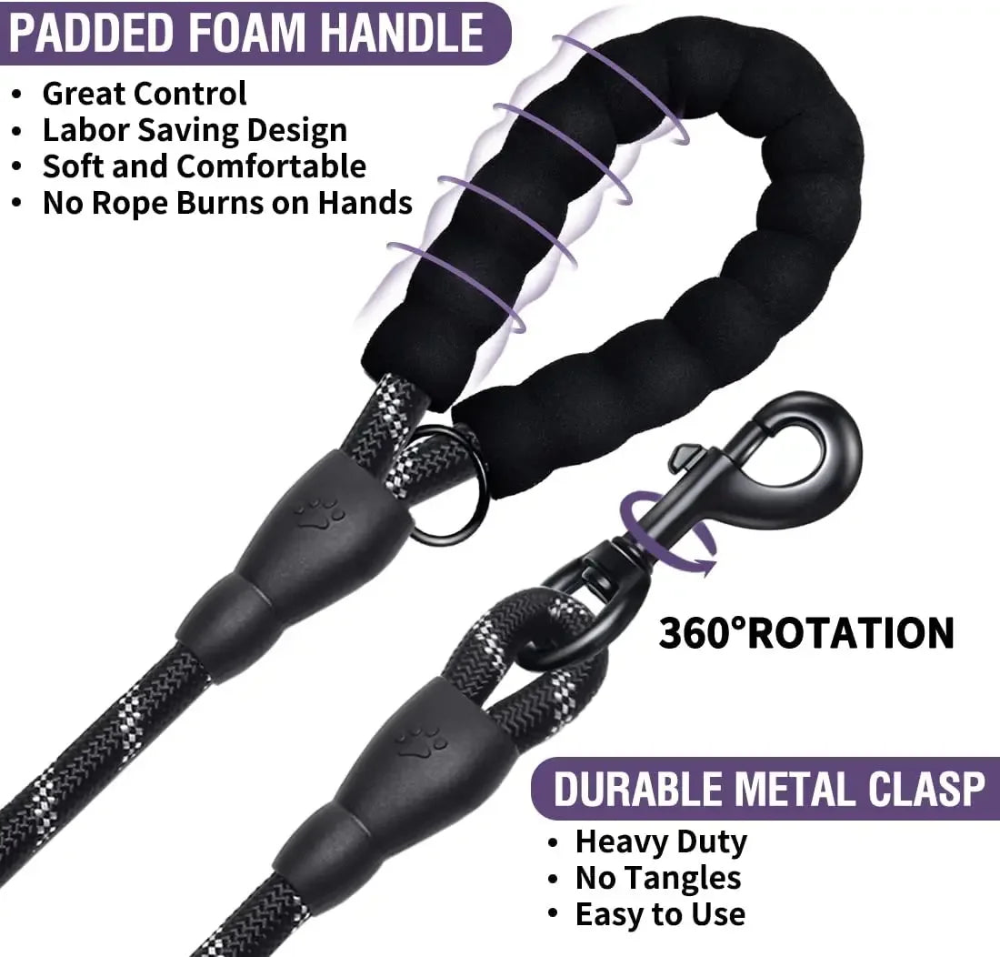 Black dog leash with padded foam handle and durable metal clasp on a white background
