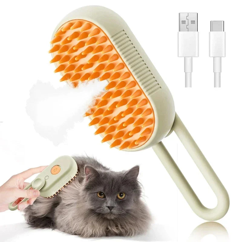 Pet grooming brush with orange bristles and USB cable, used on a gray cat.