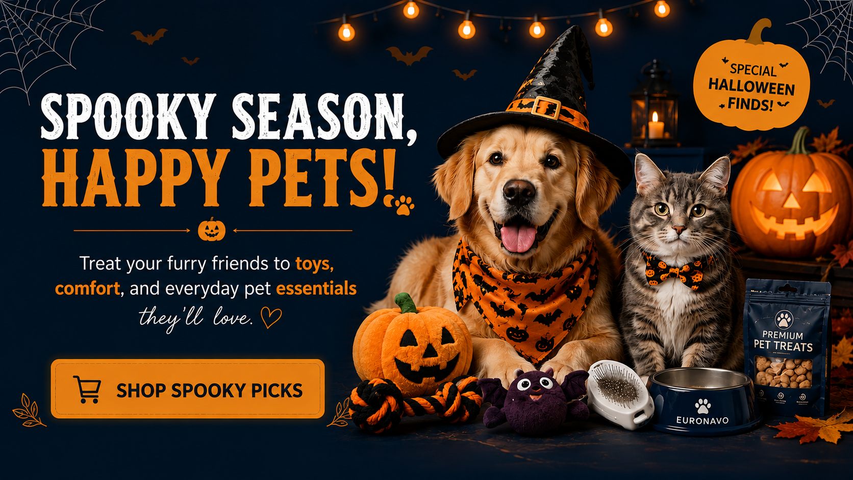 Halloween-themed promotional graphic for pet essentials, featuring a golden retriever and a tabby cat dressed as witches with orange and black accessories, surrounded by jack-o'-lanterns, a spider toy, a pet bowl, and a bag of Eudoroav Premium Pet Rats. Text reads 'Spooky Season, Happy Pets!' with a 'Shop Spooky Picks' call-to-action on a dark blue background with string lights and spiderweb decorations.slider_item_ebFFMy