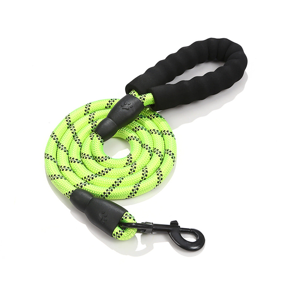 Dog leash with black handles and a clip on a white background