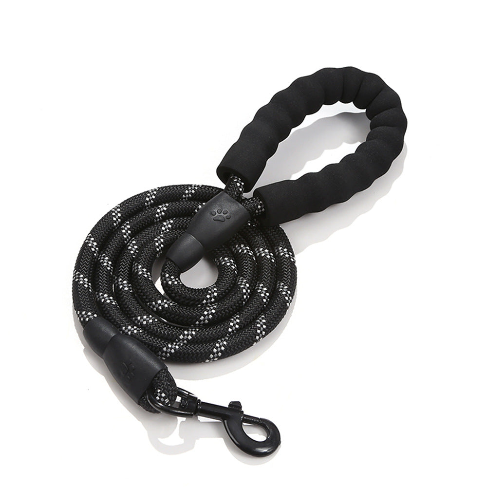 Black dog leash with reflective accents on a white background