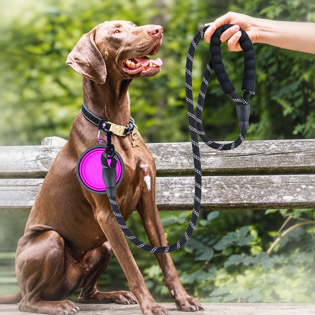 A brown dog sits on a wooden bench outdoors while wearing a black collar and leash. A human hand holds the leash near the dog's head.