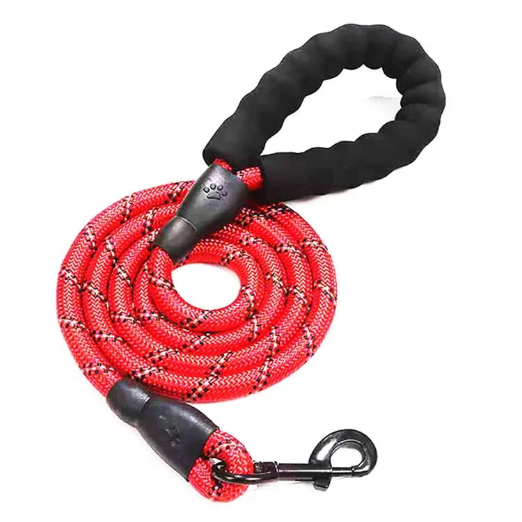 Red dog leash with black handle and clip on a white background