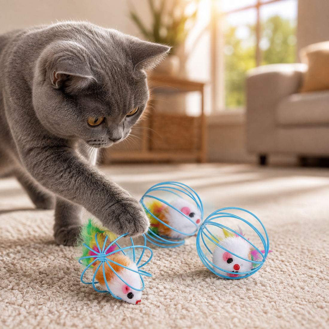 A gray cat reaches toward small toy mice inside blue wire balls on a beige carpet in a sunlit living room.