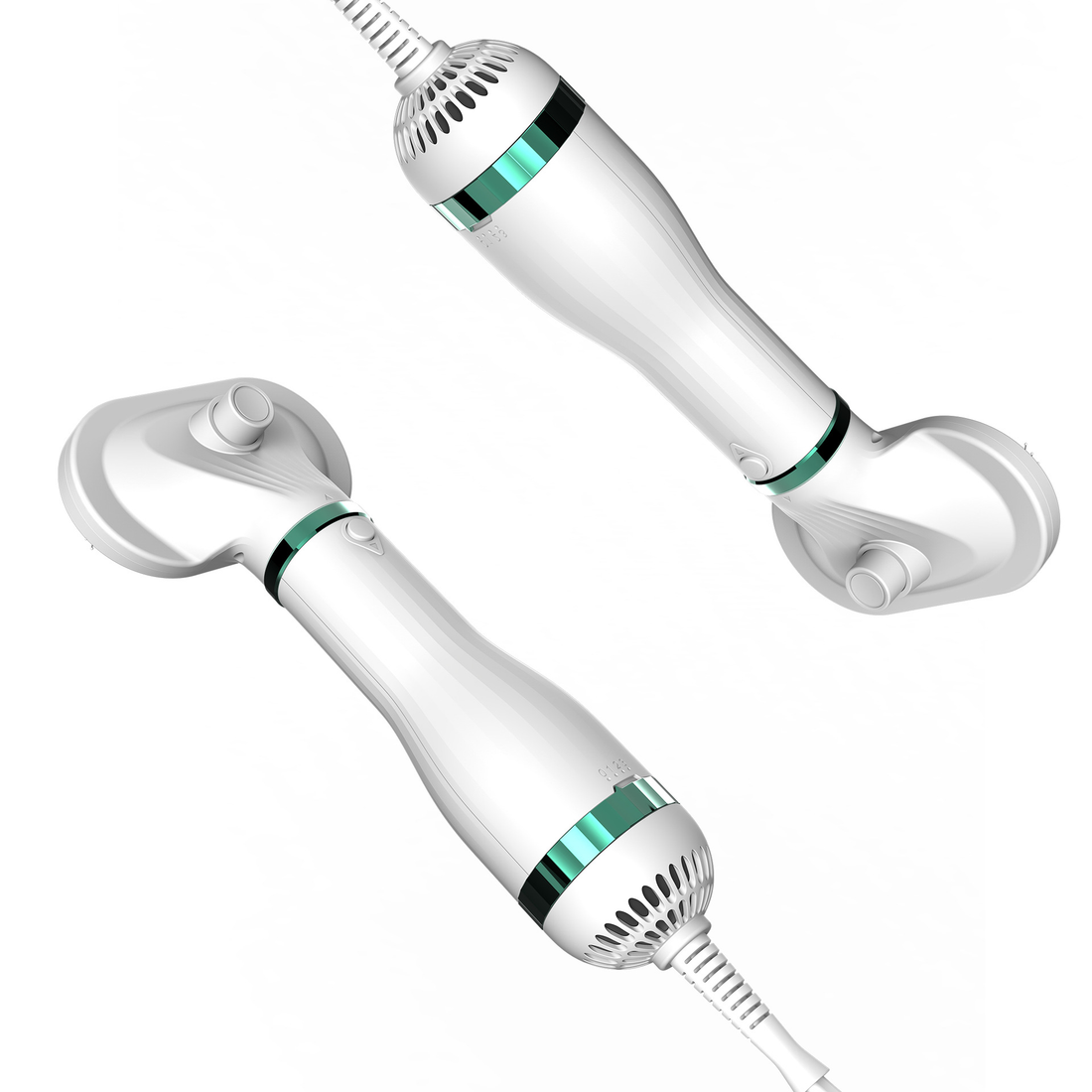 Two white handheld pet blow dryer with different attachments on a white background