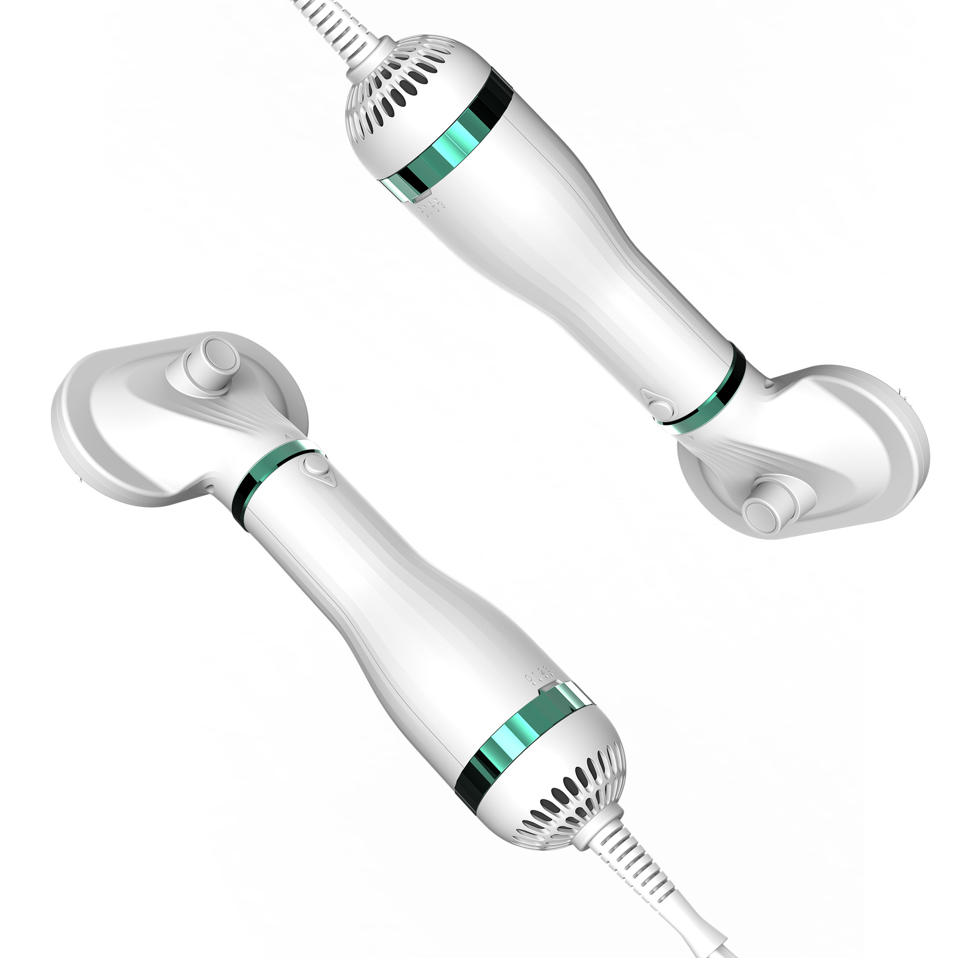 White handheld pet blow dryer with green accents on a white background