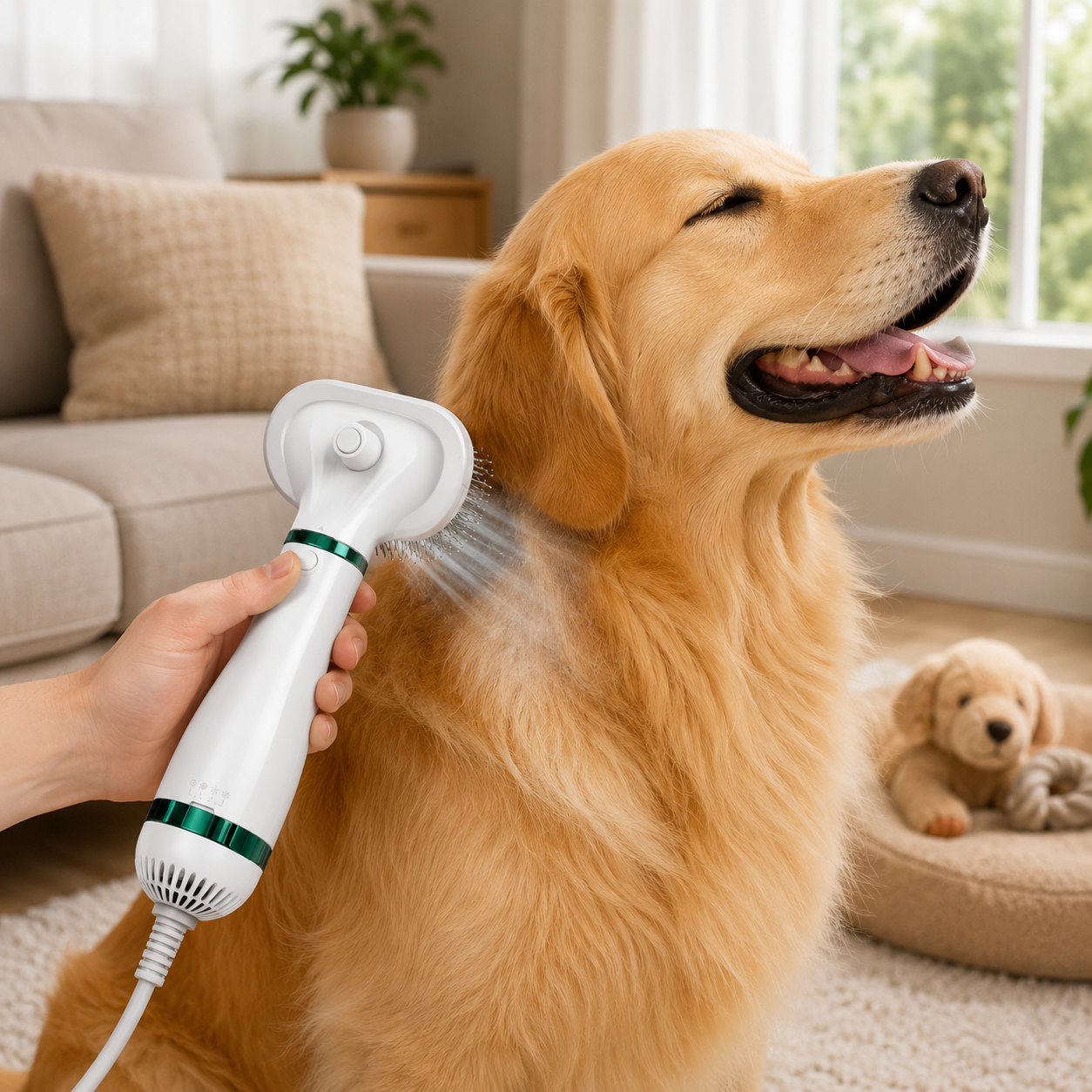 A golden retriever dog is being brushed with a white pet grooming spray wand that has green accents, held by a person's hand in a cozy living room setting.