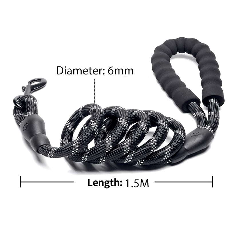 Black dog leash with measurement details on a white background