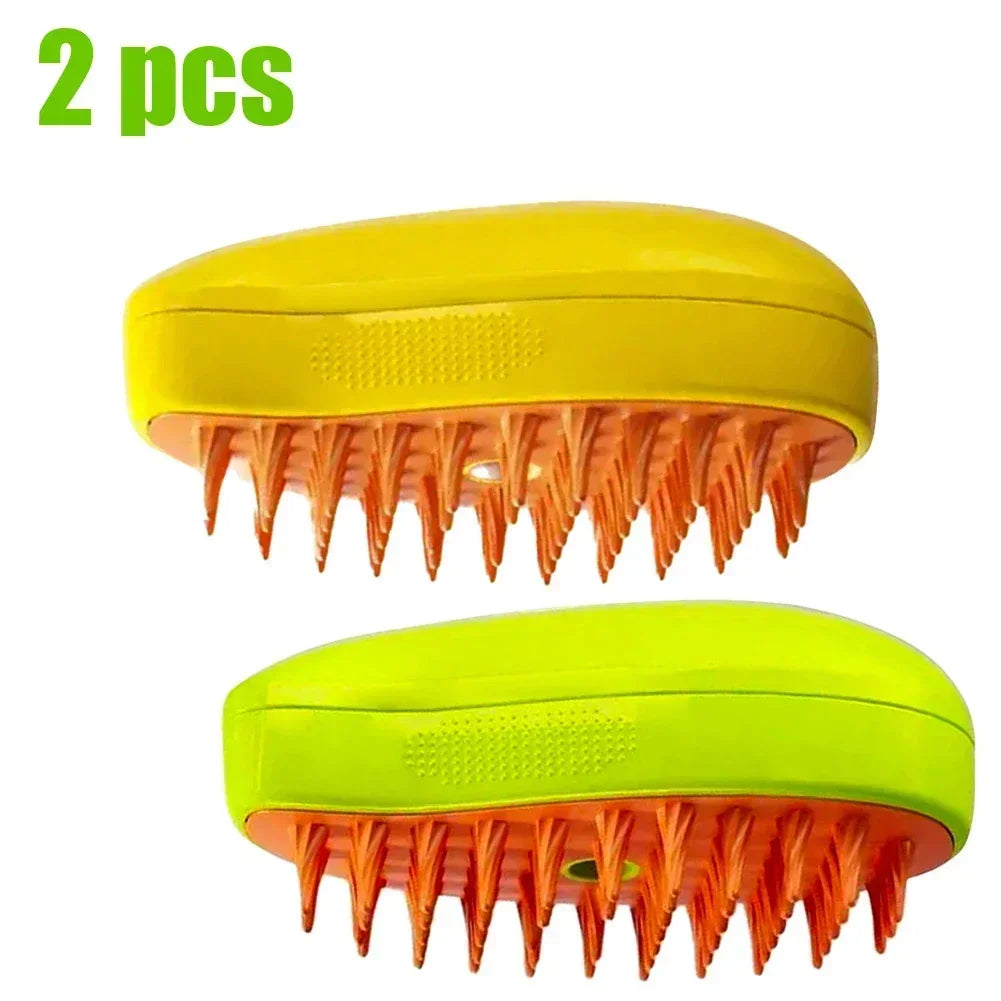 Two yellow and green scalp massagers with orange bristles on a white background.