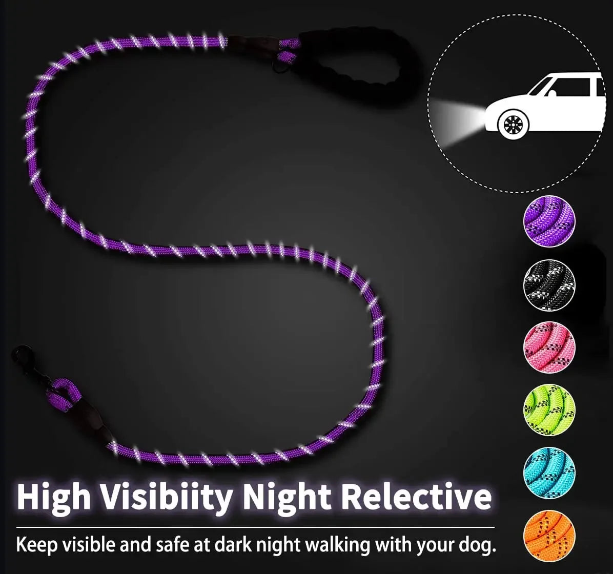 Purple dog leash with reflective material on a dark background, featuring text about high visibility and safety for night walks.