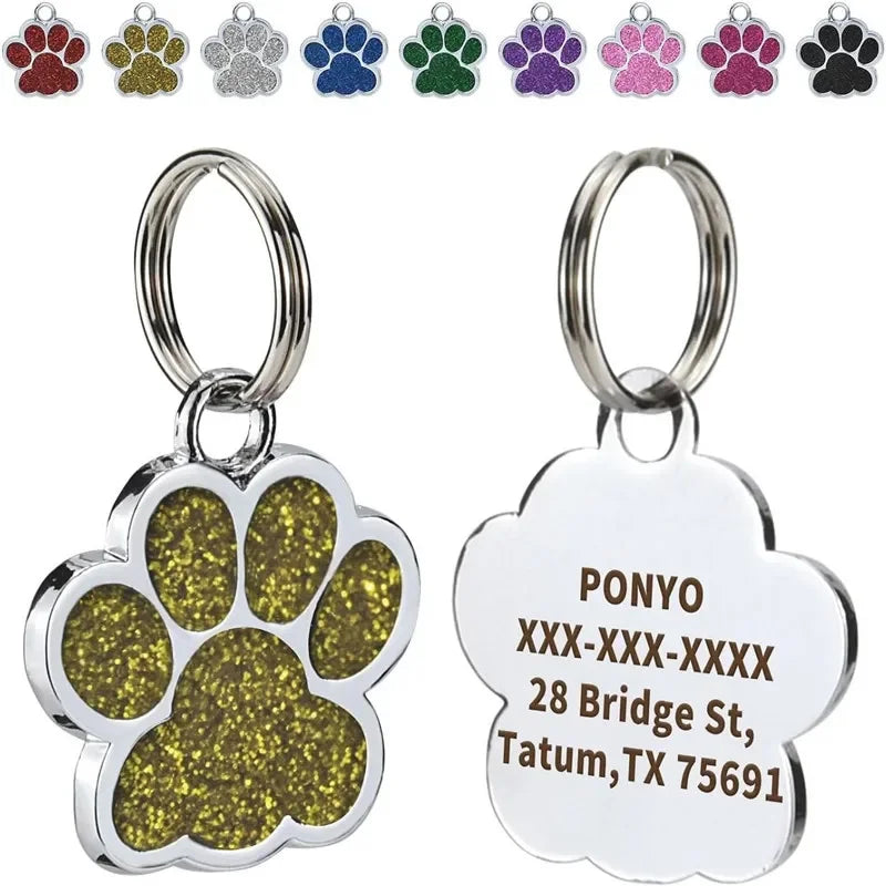 Personalized Engraved Dog Cat ID Tag Paw Glitter Collar Pendant