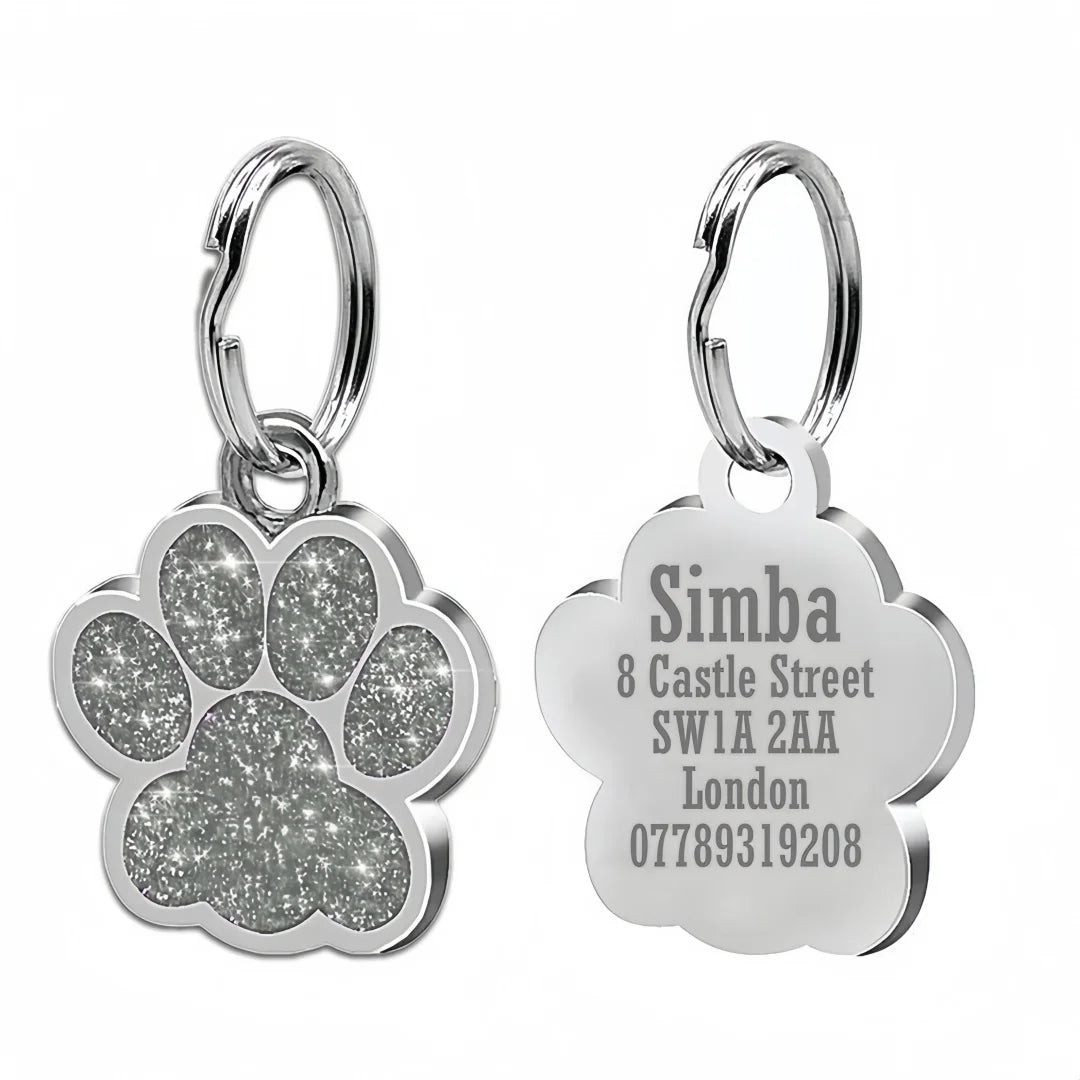 Personalized Engraved Dog Cat ID Tag Paw Glitter Collar Pendant