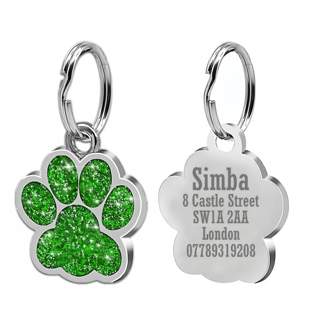 Personalized Engraved Dog Cat ID Tag Paw Glitter Collar Pendant