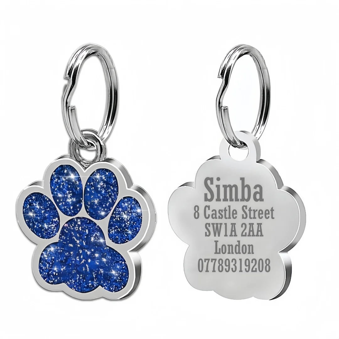 Personalized Engraved Dog Cat ID Tag Paw Glitter Collar Pendant