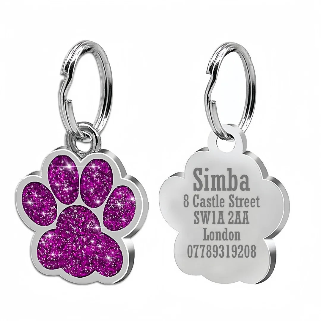 Personalized Engraved Dog Cat ID Tag Paw Glitter Collar Pendant