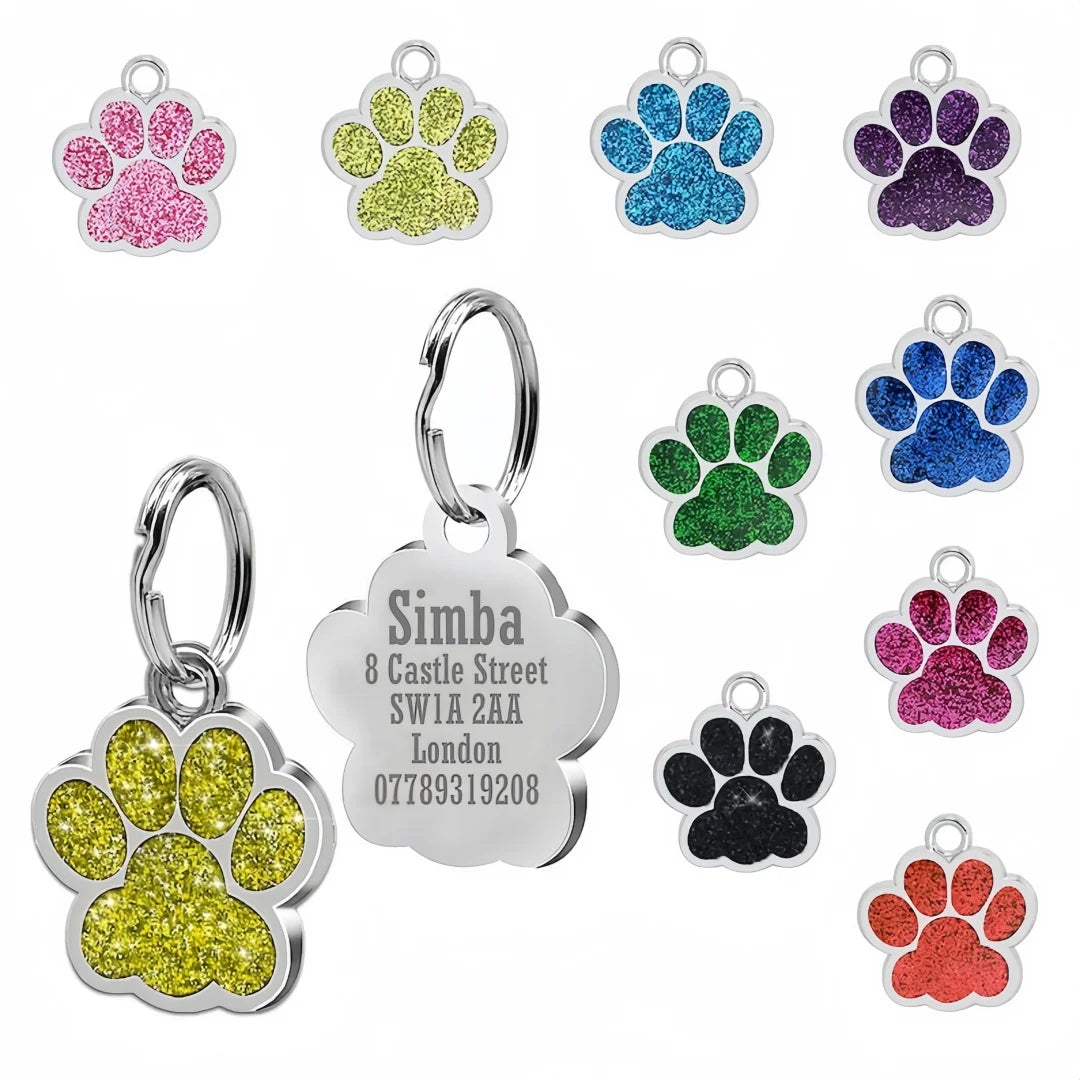 Personalized Engraved Dog Cat ID Tag Paw Glitter Collar Pendant