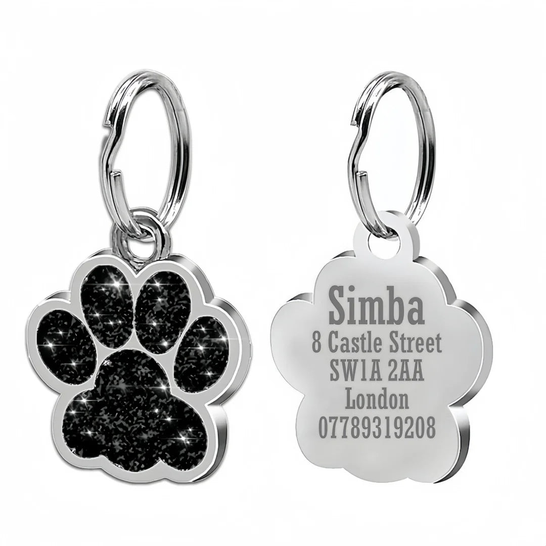Personalized Engraved Dog Cat ID Tag Paw Glitter Collar Pendant