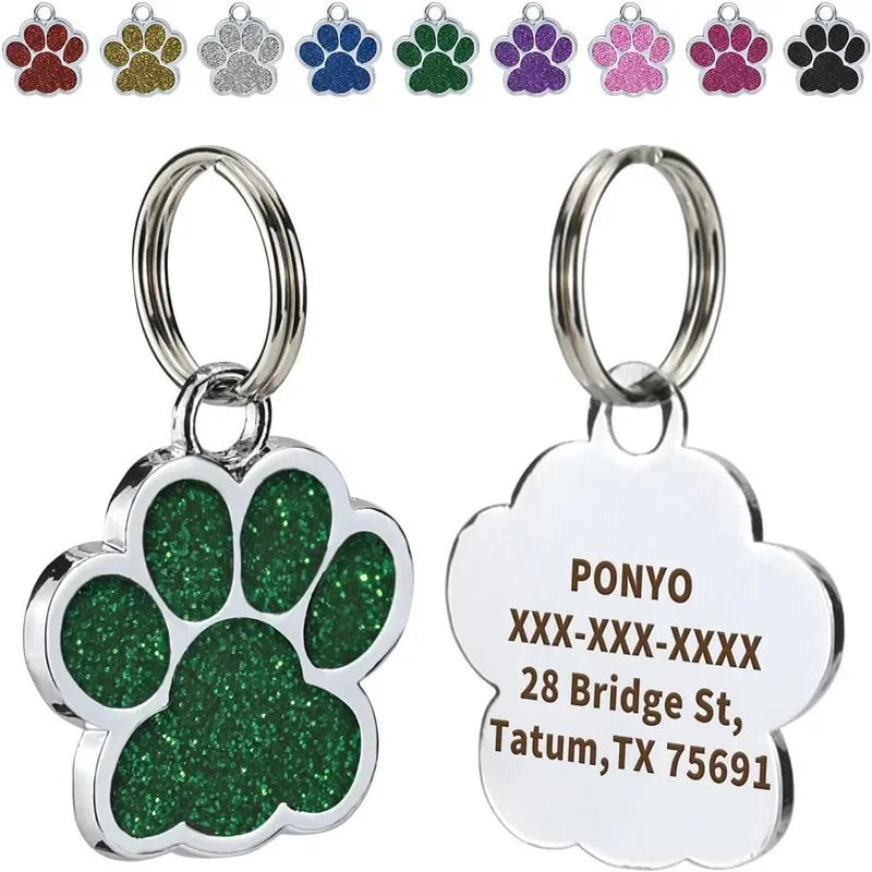 Personalized Engraved Dog Cat ID Tag Paw Glitter Collar Pendant