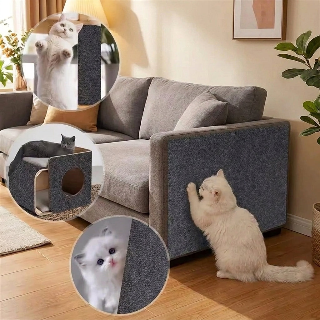 A gray fabric-covered sofa in a living room with three circular inset photos showing cats interacting with the sofa and a matching cat tower. The main scene shows a white cat standing on its hind legs and scratching against the sofa arm.