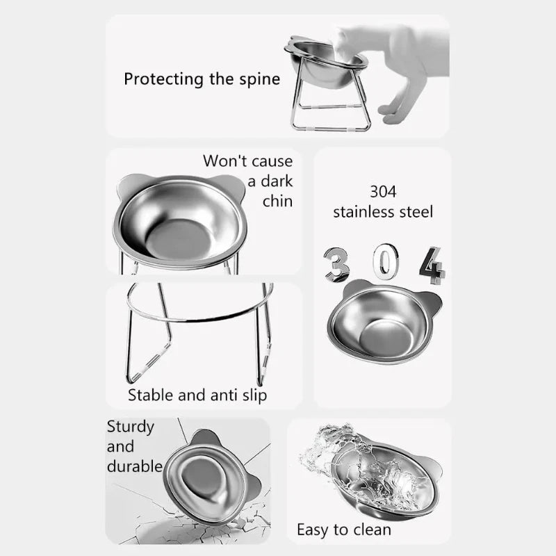 Stainless Steel Raised Cat Bowl with 15° Elevated Design Tilted Neck Guard Healthy Feeding