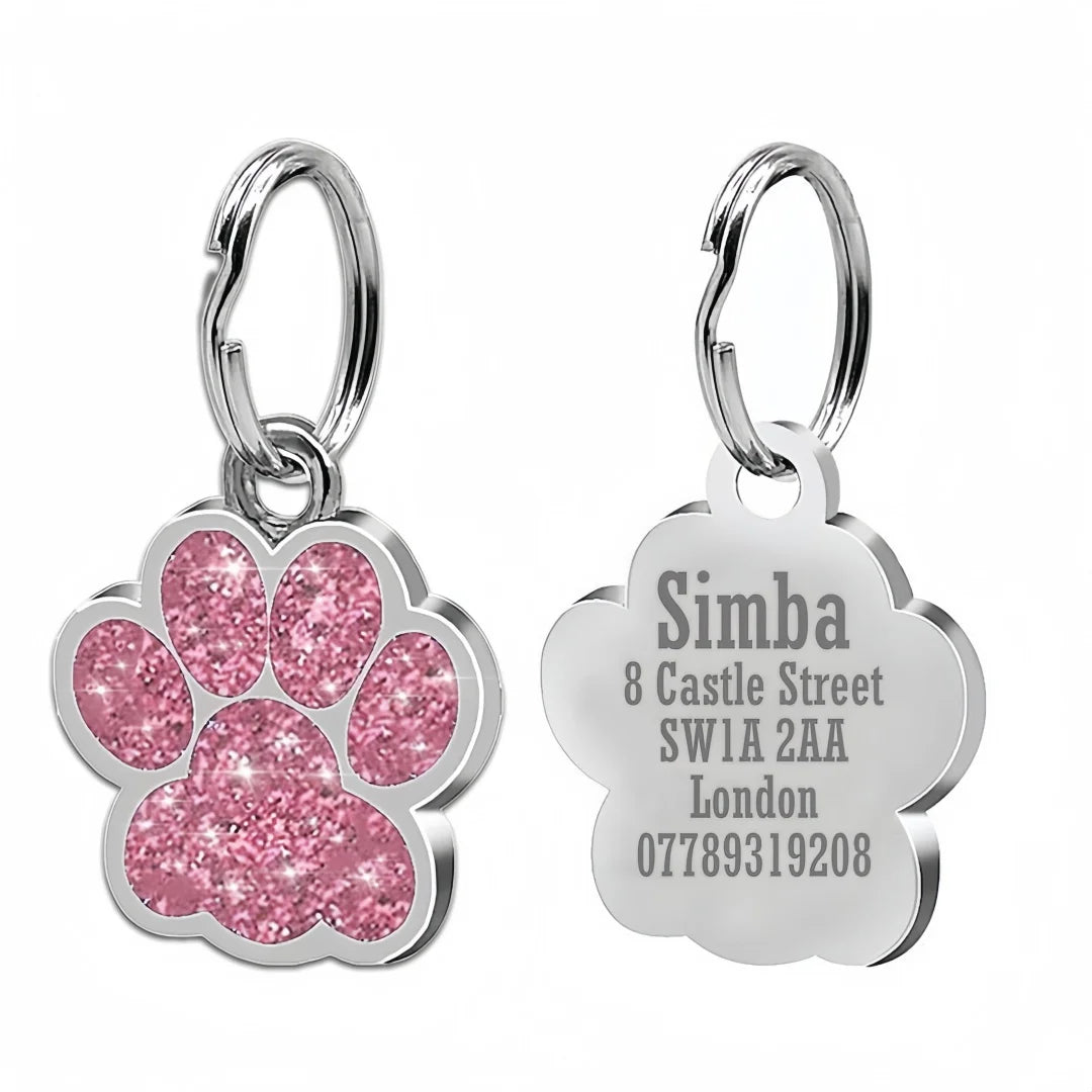 Personalized Engraved Dog Cat ID Tag Paw Glitter Collar Pendant
