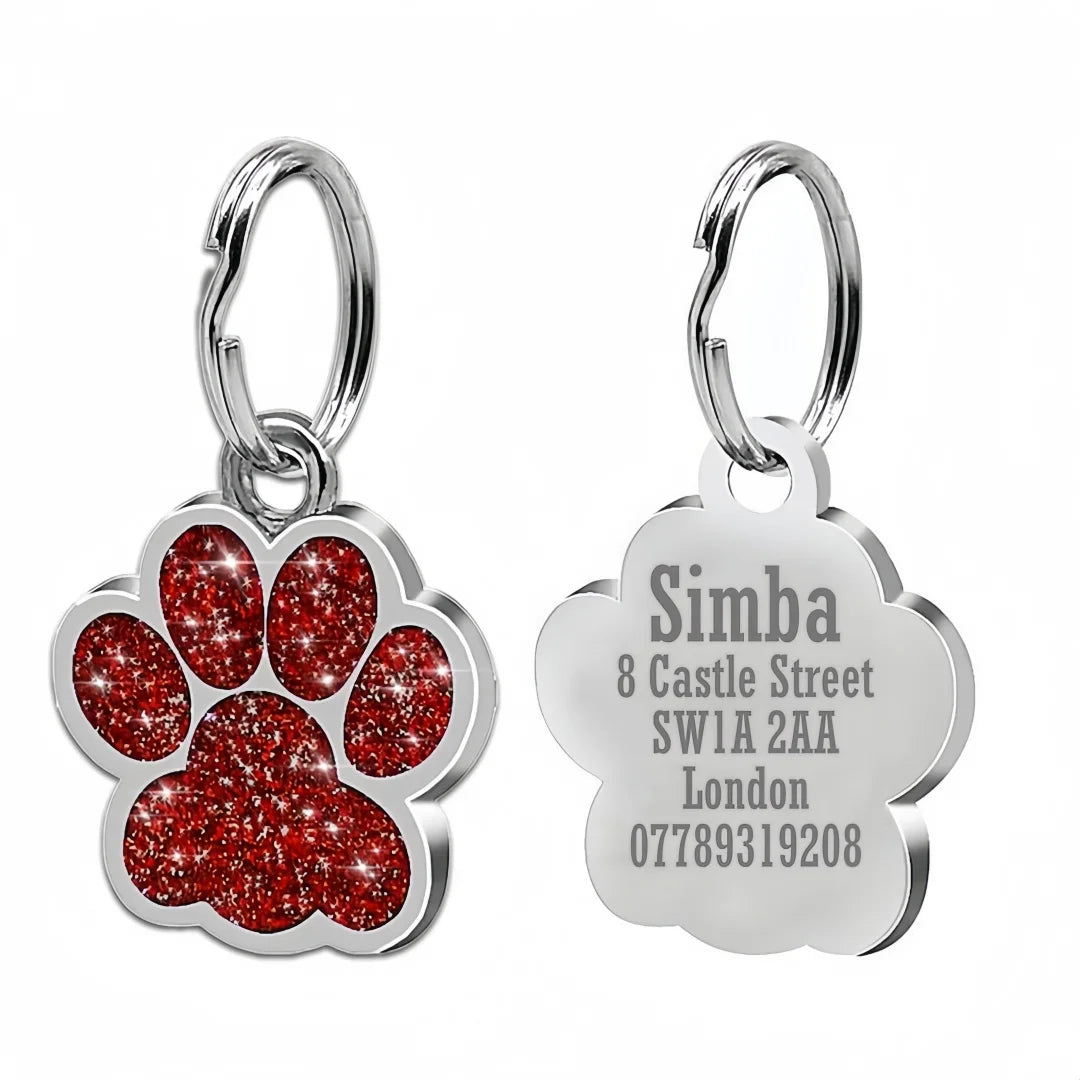 Personalized Engraved Dog Cat ID Tag Paw Glitter Collar Pendant