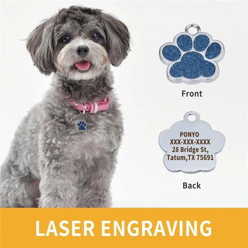Personalized Engraved Dog Cat ID Tag Paw Glitter Collar Pendant
