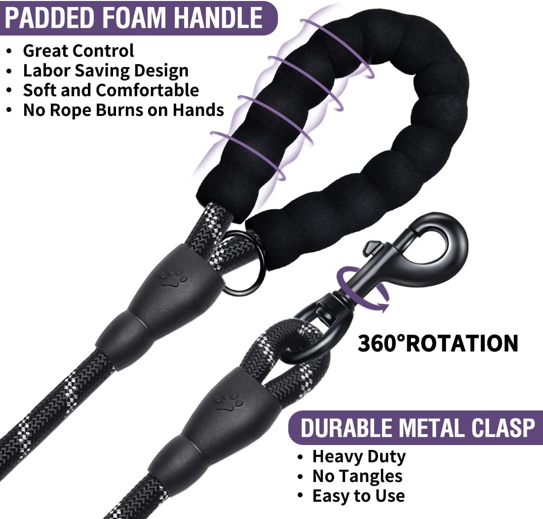Black dog leash with padded foam handle and durable metal clasp on a white background