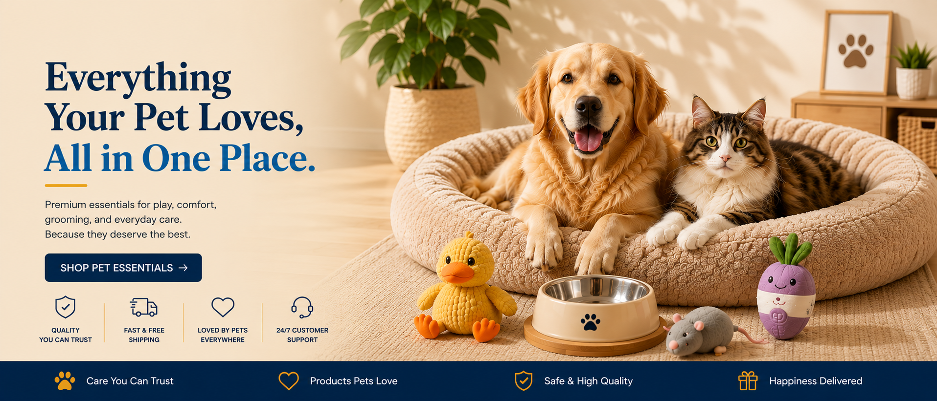 A golden retriever and a tabby cat relax in a beige pet bed on a warm beige floor, with toys nearby and large promotional text on the left reading 'Everything Your Pet Loves, All in One Place.' The scene is styled like a cozy home interior with plants, furniture, and a pet bowl.1621243260e1af0c20-0