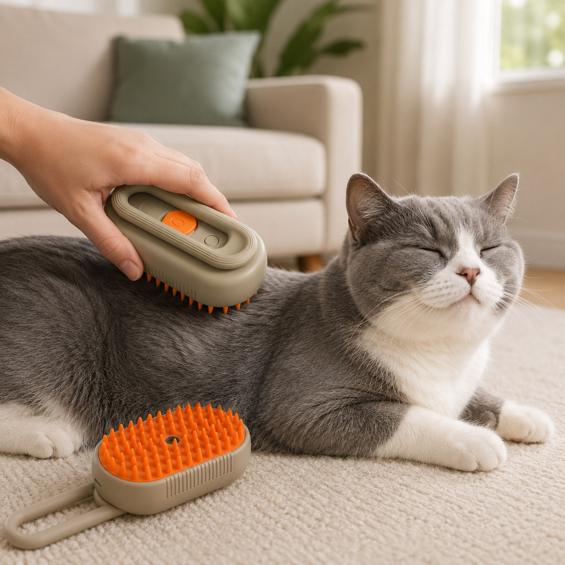 A gray and white cat lies on a beige carpet while a person uses a gray pet grooming brush with orange bristles. Another view of the same pet brush sits nearby on the carpet in a bright, modern living room.